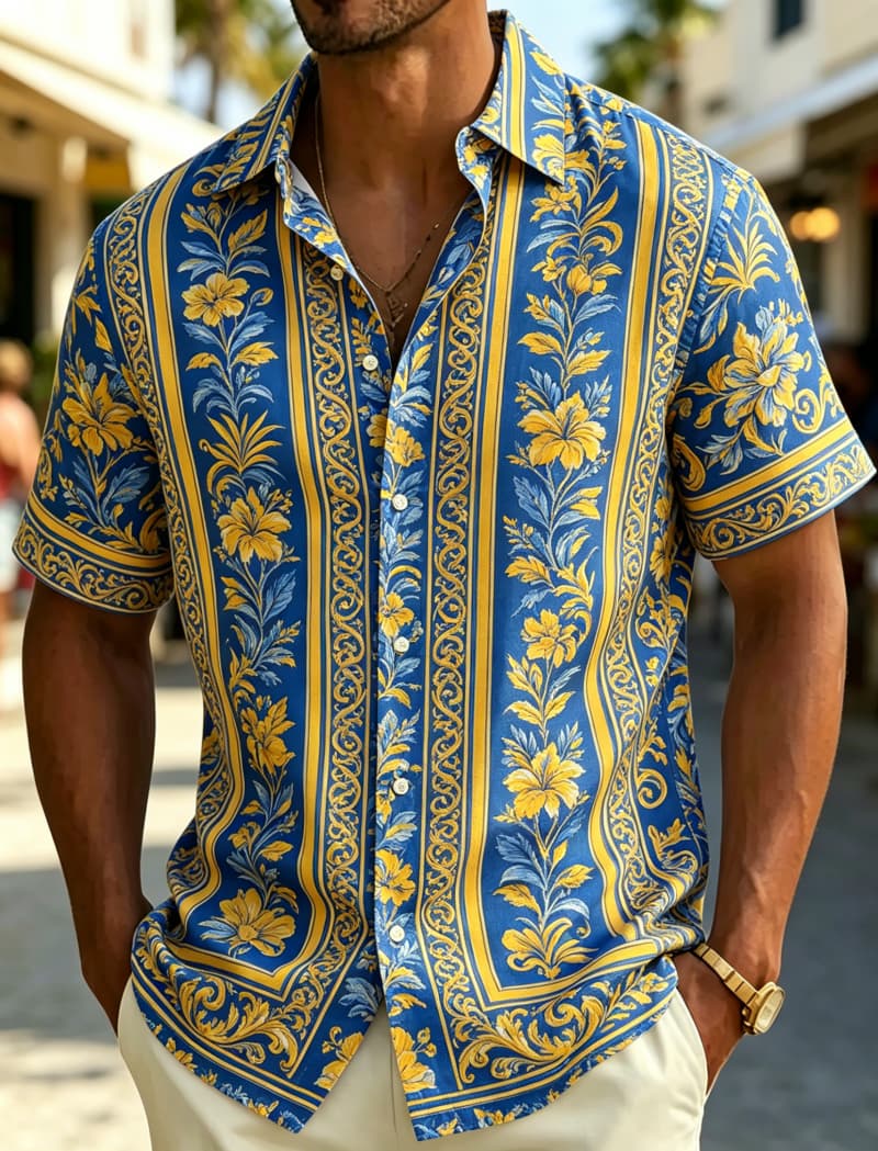 Resort Shirt Floral - 남성용 반팔 셔츠 라펠 빈티지 바로크