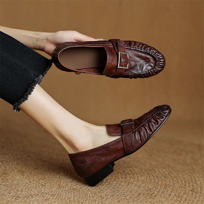 여성용 정품 가죽 펌프스, 여성용 주름진 라운드 토 슈 - Casual Sandal Leather 리뷰 및 가격